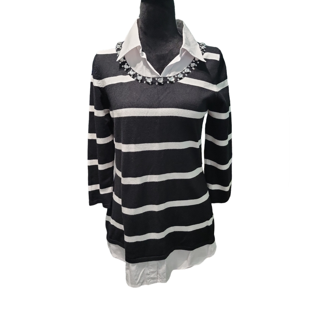 Belldini black/white striped sweater with jeweled neckline Women's medium.